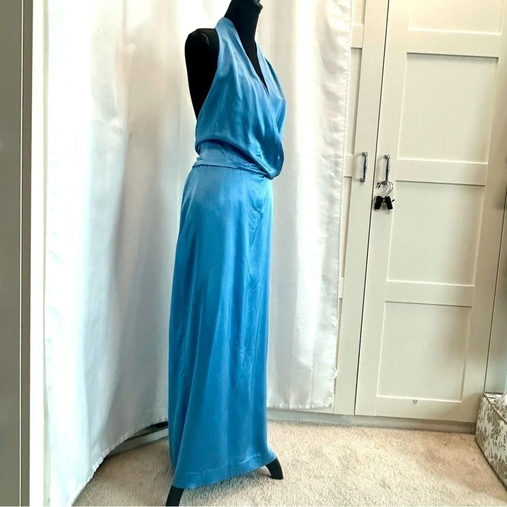 Zara blue satin effect halter top ruched open back midi slip dress NWT - Picture 11 of 16
